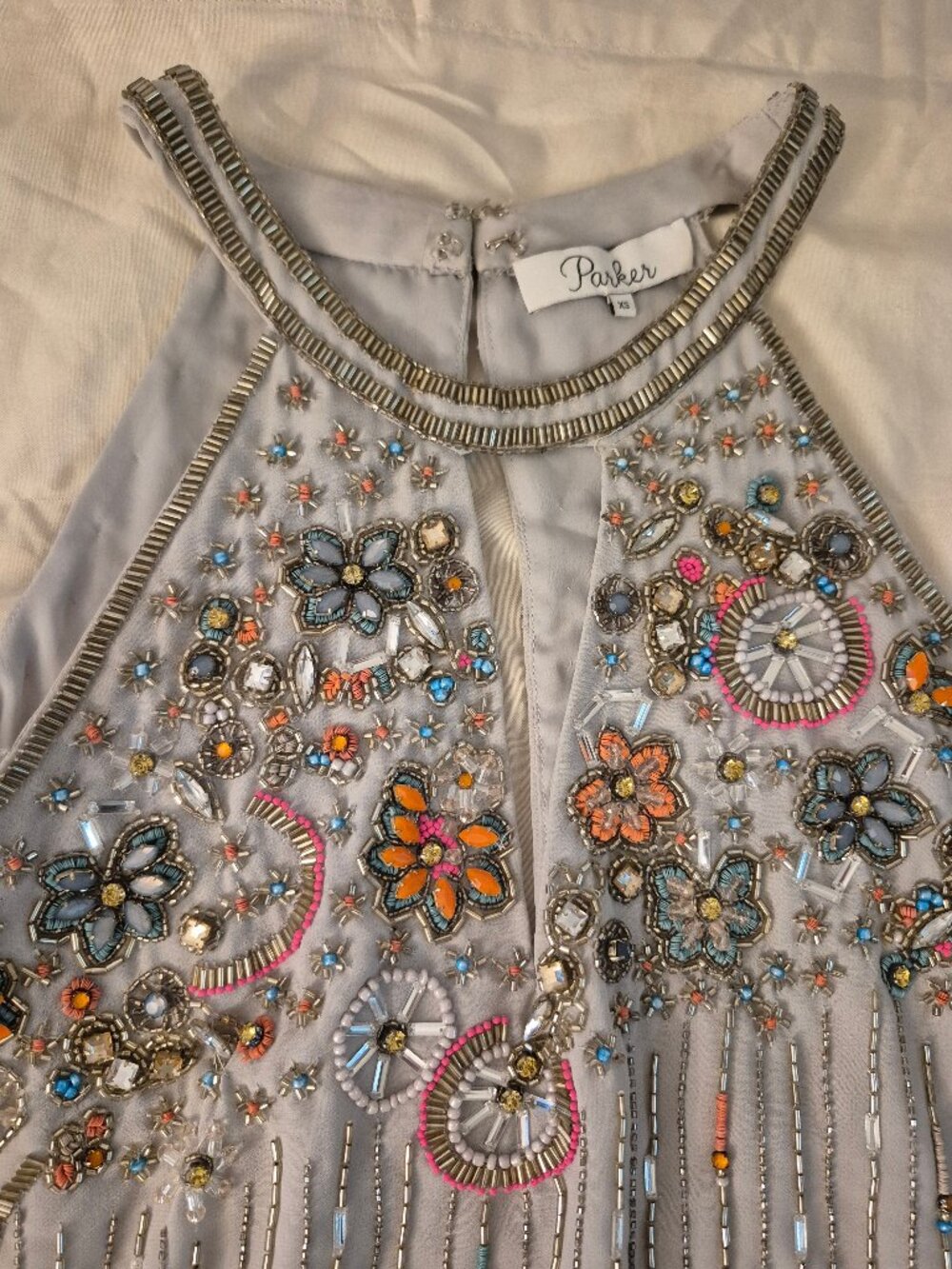 Parker Beaded Embellished Halter Keyhole Dress - Light Grey (Size XS)